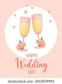 Tarjeta de matrimonio. Gafas con champán, flores y corazones. Plantilla de saludo, invitación, vector