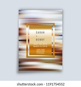 Wedding card with gold frame and gradient stripes pattern background. Vector illustration.