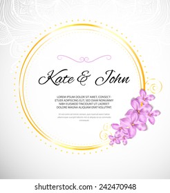 Wedding card with golden ring and lilac flowers. Lace background. Vector illustration