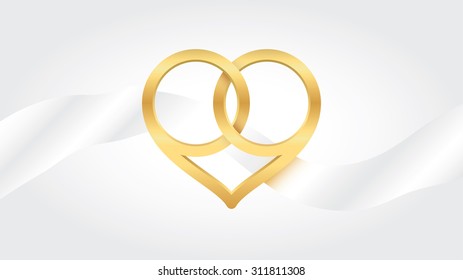Wedding card. Golden rings. Heart shape.