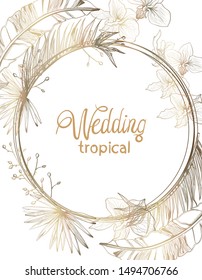 Wedding card golden tropic flowers vector line art. Summer floral frame decoration