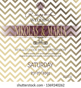 Wedding Card with golden zig zag background and vintage design elements
