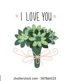 Wedding card with green bouquet of succulents. Hand drawn cute vector illustration. Card for valentine's day.