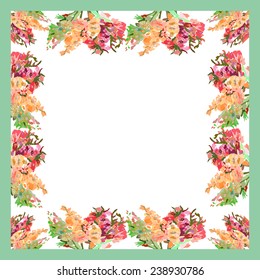 Wedding card with green frame and bouquets of gladioli. Handmade.