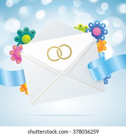 Wedding card. Greeting card in the envelope, with rings, blue ribbon and colorful flowers on a bokeh background. Realistic vector illustration.