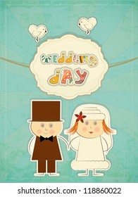 Wedding Card - Groom, Bride, Pigeons on Retro Background with hand drawn text Wedding Day - Vector Illustration