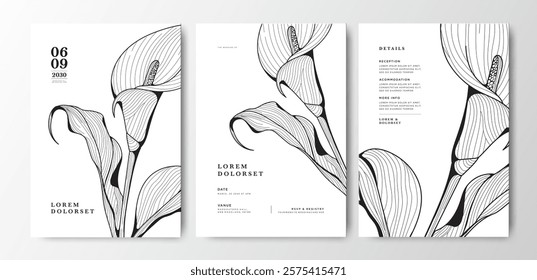wedding card with hand drawn calla lily flower design 
