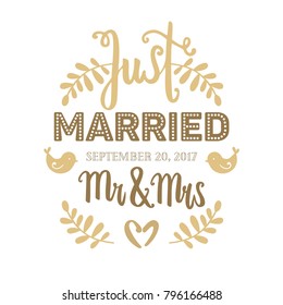 Wedding card hand drawn vector golden lettering with plants, birds and hearts. Just married, Mr & Mrs. Elegant design elements for postcards, posters, banners and celebration prints