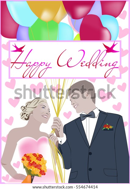 wedding card happy wedding birds\
hearts pattern balloons family flowers vector\
illustration