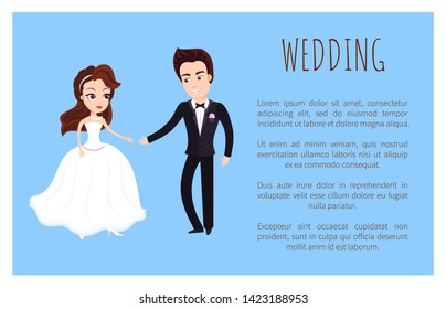 Wedding card happy newlywed couple dancing first dance. Vector just married husband and wife in wedding white dress and black suit holding hands, text sample