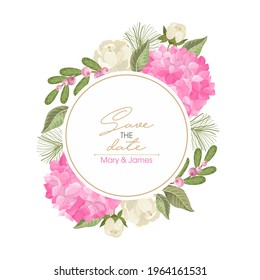 Wedding card with Hydrangea flower. Branches and different flowers. Vector illustration.