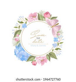 Wedding card with Hydrangea flower. Branches and different flowers. Vector illustration.
