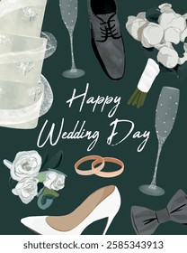 Wedding card, Illustration with Dark Green Background, wedding celebration: bridal shoes, a groom’s shoe, wedding rings, a bouquet, champagne glasses, a wedding cake, and a bow tie