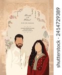 Wedding card illustration. Wedding invite templates for Indian, Pakistani weddings. Vintage royal invitation. Couple vector art with groom and bride