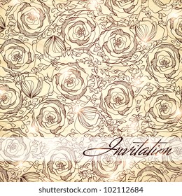 Wedding card or invitation with abstract floral background. Greeting card in grunge or retro style. Elegance pattern with flowers roses, floral illustration in vintage style Valentine