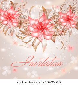 Wedding card or invitation with abstract floral background. Greeting card in grunge or retro style. Elegance pattern with flowers roses, floral illustration in vintage style Valentine