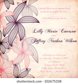 Wedding card or invitation with abstract floral background. Greeting card in grunge or retro style. Elegance pattern with flowers roses, floral illustration in vintage style Valentine