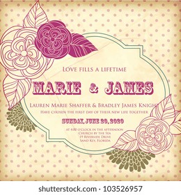 Wedding card or invitation with abstract floral background. Greeting card in grunge or retro style. Elegance pattern with flowers roses, floral illustration in vintage style Valentine