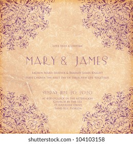 Wedding card or invitation with abstract floral background. Greeting card in grunge or retro style. Elegance pattern with flowers roses, floral illustration in vintage style Valentine. Classic.