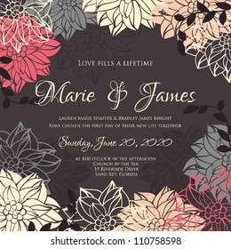 Wedding card or invitation with abstract floral background. Greeting postcard in grunge or retro vector Elegance pattern with flowers roses floral illustration vintage style Valentine anniversary