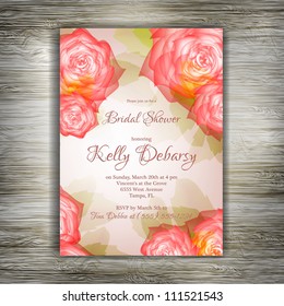 Wedding card or invitation with abstract floral background. Greeting postcard in grunge or retro vector Elegance pattern with flowers roses floral illustration vintage style Valentine anniversary