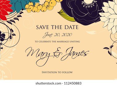 Wedding card or invitation with abstract floral background. Greeting postcard in grunge or retro vector Elegance pattern with flowers roses floral illustration vintage style Valentine anniversary