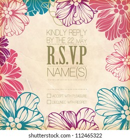 Wedding card or invitation with abstract floral background. Greeting postcard in grunge or retro vector Elegance pattern with flowers roses floral illustration vintage style Valentine anniversary