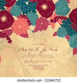 Wedding card or invitation with abstract floral background. Greeting postcard in grunge or retro vector Elegance pattern with flowers roses floral illustration vintage style Valentine anniversary