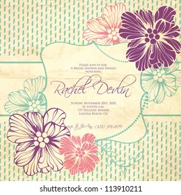 Wedding card or invitation with abstract floral background. Greeting postcard in grunge or retro vector Elegance pattern with flowers roses floral illustration vintage style Valentine anniversary