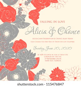 Wedding card or invitation with abstract floral background. Greeting postcard in grunge or retro vector Elegance pattern with flowers roses floral illustration vintage style Valentine anniversary