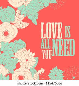 Wedding card or invitation with abstract floral background. Greeting postcard in grunge or retro vector Elegance pattern with flowers roses floral illustration vintage style Valentine anniversary