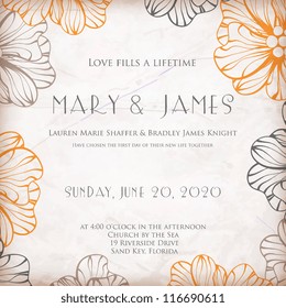 Wedding card or invitation with abstract floral background. Greeting postcard in grunge or retro vector Elegance pattern with flowers roses floral illustration vintage style Valentine anniversary