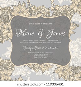Wedding card or invitation with abstract floral background. Greeting postcard in grunge or retro vector Elegance pattern with flowers roses floral illustration vintage style Valentine anniversary