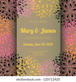 Wedding card or invitation with abstract floral background. Greeting card in grunge or retro style. Elegance Seamless pattern with flowers roses, floral illustration in vintage style