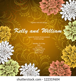 Wedding card or invitation with abstract floral background. Greeting postcard in grunge or retro vector Elegance pattern with flowers roses floral illustration vintage style Valentine anniversary
