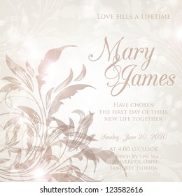 Wedding card or invitation with abstract floral background. Greeting postcard in grunge or retro vector Elegance pattern with flowers roses floral illustration vintage style Valentine anniversary