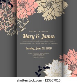 Wedding card or invitation with abstract floral background. Greeting postcard in grunge or retro vector Elegance pattern with flowers roses floral illustration vintage style Valentine anniversary