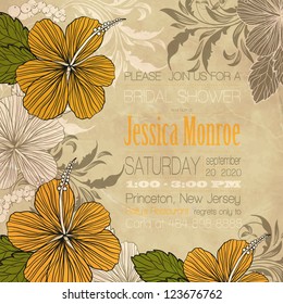 Wedding card or invitation with abstract floral background. Greeting card in grunge or retro style. Elegance pattern with flowers roses, floral illustration in vintage style Valentine. Classic.