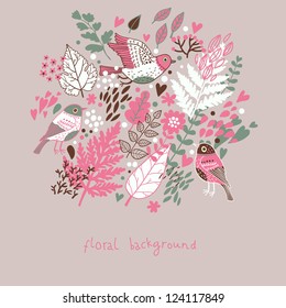 Wedding card or invitation with abstract floral background. Greeting vector postcard  Elegance pattern with flowers and birds. Floral illustration vintage style Valentines day card