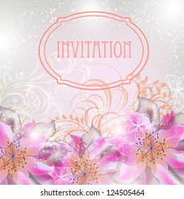 Wedding card or invitation with abstract floral background. Greeting postcard in grunge or retro vector Elegance pattern with flowers roses floral illustration vintage style Valentine anniversary