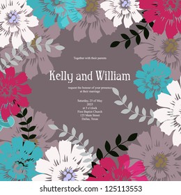 Wedding card or invitation with abstract floral background. Greeting postcard in grunge or retro vector Elegance pattern with flowers roses floral illustration vintage style Valentine anniversary