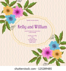 Wedding card or invitation with abstract floral background. Greeting postcard in grunge or retro vector Elegance pattern with flowers roses floral illustration vintage style Valentine anniversary