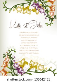 Wedding card or invitation with abstract floral background. Greeting postcard with flowers freesia