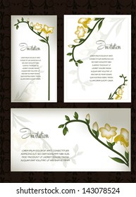 Wedding card or invitation with abstract floral background. Greeting postcard with flowers freesia