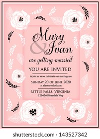 Wedding card or invitation with abstract floral background. Greeting postcard in grunge or retro vector Elegance pattern with flowers roses floral illustration vintage style Valentine anniversary
