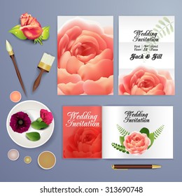 Wedding card or invitation with abstract floral background for wedding agency.  Elegance pattern with mesh flowers. Floral illustration in modern minimal style for your business.