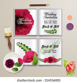 Wedding card or invitation with abstract floral background for wedding agency. Elegance pattern with mesh flowers. Floral illustration in modern minimal style for your business.