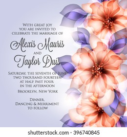 Wedding card or invitation with abstract floral background. Greeting card in grunge or retro style. Elegance Seamless pattern with flowers roses, floral illustration in vintage style Valentine.