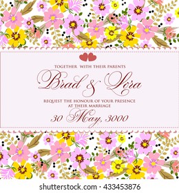 Wedding card or invitation with abstract floral background. Greeting postcard in retro vector Elegance pattern with flowers roses floral illustration vintage style