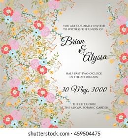 Wedding card or invitation with abstract floral background. Greeting postcard in grunge or retro vector Elegance pattern with flowers roses floral illustration vintage style Valentine anniversary